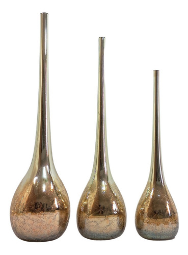 3 Vasos Garrafas Decorativas De Vidro Craquelado Metalizado