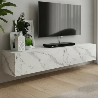 Repisa Flotante De 180cm Mueble Tv Puertas Minimalista Bcomr Color Mármol Blanco