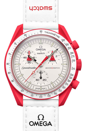 Reloj Pulsera Omega X Swatch Bioceramic Moonswatch Mission To Mars De Cuerpo Color Rojo, Analógico, Fondo Blanco, Con Correa De Velcro Color Blanco, Agujas Color Rojo Y Negro Y Beige, Dial Beige Y Neg