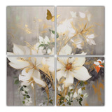 60x60cm Cuadro Floral Blanco Y Oro Con Mariposas Flores