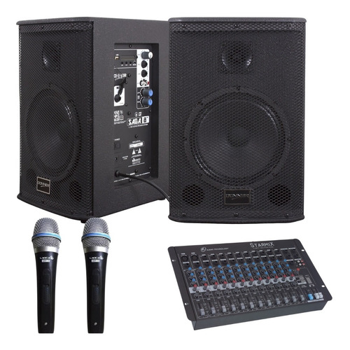 Kit Caixa Som Saga 8 225w + Mesa 12 Canais 2 Microfones Lyco