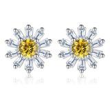 Bellos Aretes Flor Girasol Mujer Plata Ley Cristal Austriaco