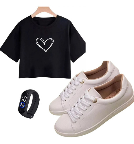 Kit Tênis Modare Branco+blusa Cropped Blogueirinha E Relogio