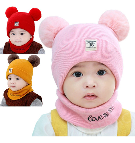 Gorro Para Bebé 2 Pompon Con Bufanda Circular Niño Niña