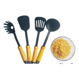 Kit X4 Utensilios Nylon Mango Madera Completo. Bazar Cocina