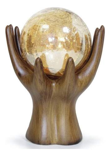 Estatueta Enfeite Decoração Mesa Sala Mãos Com Esfera Bola Cor Amadeirado