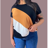 Blusa Camiseta Feminina Malha Fria Com Faixas Transversal