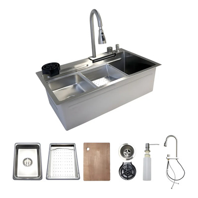 Tarja KitchenStoreGDL 75x46cm Acero Inoxidable con Monomando y Accesorios: Lava Copas, Dispensador de jabón, Tabla Para Picar y Escurridores. | Meses sin interés