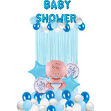 Set Deco Globos Baby Shower Cortina Cartel Celeste Nene Bebe