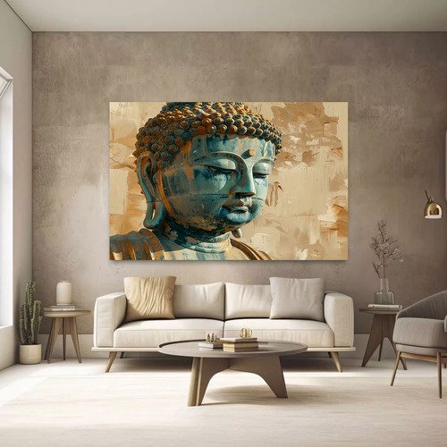 Quadro Buda Azul E Dourado Moderno Sala Elegante 100x180cm