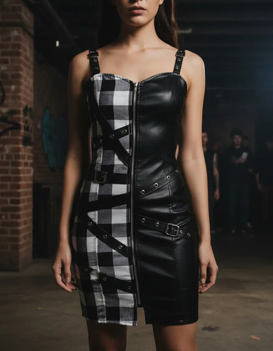 Vestido Moda Kawaii, Gótica Cuadros Vinipiel