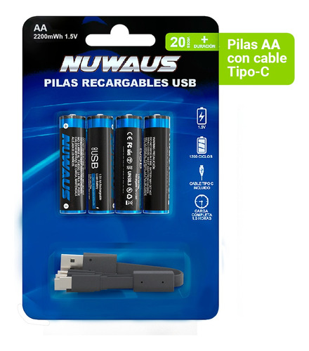 Pilas Recargables Nuwaus Con 4 Pilas Aa Carga Rapida Tipo C 