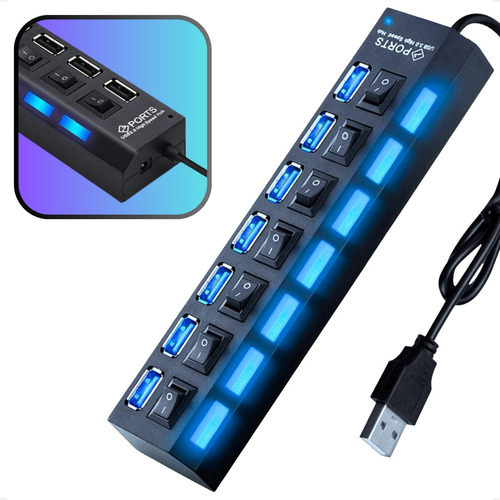 Régua Hub Usb Varias Entradas 7 Portas Mouse Hd Externo Cabo