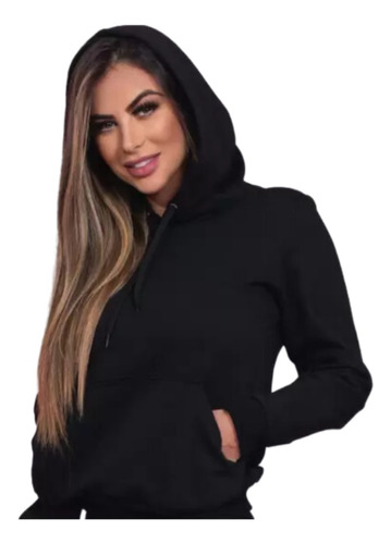  Blusa De Frio Casaco Moletom Canguru Capuz Bolso Preto Liso