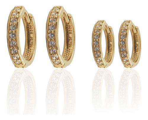 Dupla Brincos Argola Ouro Joia 18k 750 Com Pedras 10mm/14mm