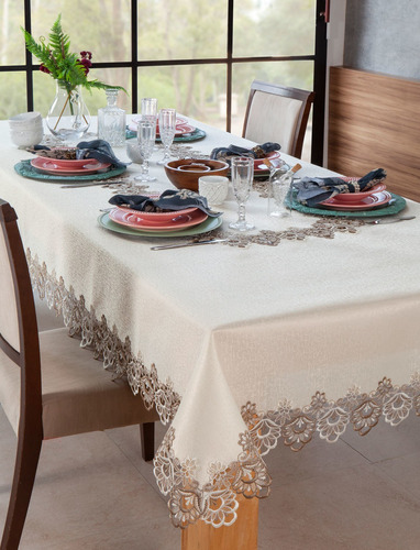 Toalha De Mesa Rendada Jolitex Premium Veneza 6 Lugares Cor Bege Renda Veneza