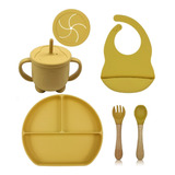 Set Alimentacion Bebe Silicona Completo Plato Triple Liso 