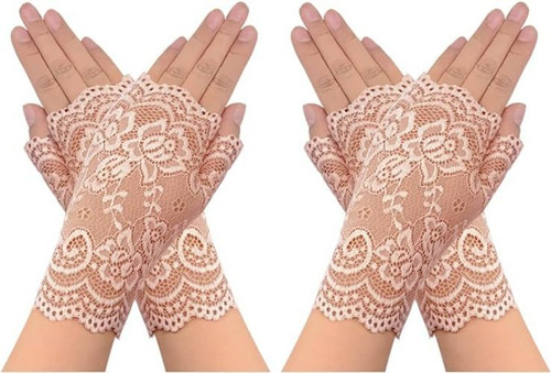 2 Pares De Guantes De Encaje Para Mujer, Sin Dedos, Florales