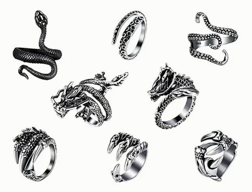 8 Anillos Gotico Acero, Ajustable Ojo Dragon Garra Serpiente