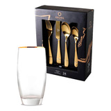 Set 6 Vasos Monaco Gold 460ml + Cuchilleria Gold 24pc Krons 