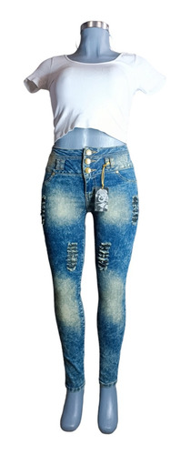 Jeans Tipo Mezclilla Para Mujer Rasgado Cintura Alta