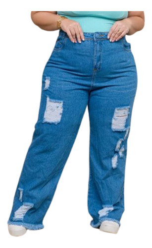 Calça Jeans Plus Siz Wide Leg Feminina Destroyed Cintura Alt