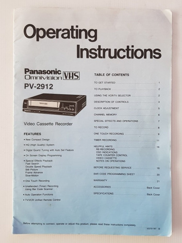 Manual Vhs Panasonic Omnivision Modelo Pv-2912