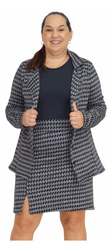 Conjunto Elegante Casual Blazer E Saia Xadrez Plus Size