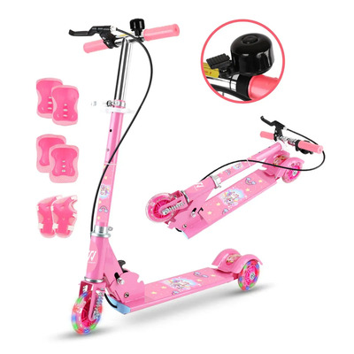 Scooter Monopatín De 3 Ruedas Con Luces Led Rgb Color Mzb Rosa, Plegable Resistente, Altura Ajustable, Freno De Rueda Trasera\u002Fdiseño Anti-pellizco Rosa | Envío gratis