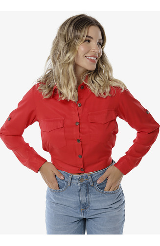 Jaqueta Cropped Leve Estilo Camisa Feminina Sob Vermelha