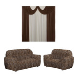 Capa Sofa 3x2 Lugares Estampada + Cortina 2 Metros Malha Gel