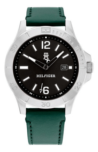 Reloj Tommy Hilfiger Hombre Casual Verde Cuero 1710531 Color Del Bisel Plateado Color Del Fondo Negro