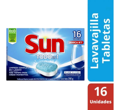 Detergente Para Lavavajillas Sun 3 En 1 Tabletas Caja X 16 u