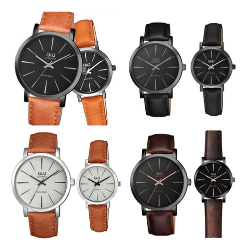 Relojes Pareja Duo Qyq Cuero Quartz Q&q Q892j422+ Estuche