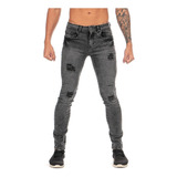 Jeans Mezclilla Stretch Snow Negro Demolición Skinny Hombre