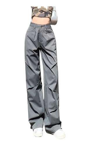 Pantalones Cargo/cintura Alta Plisada Hasta El Suelo Suelta