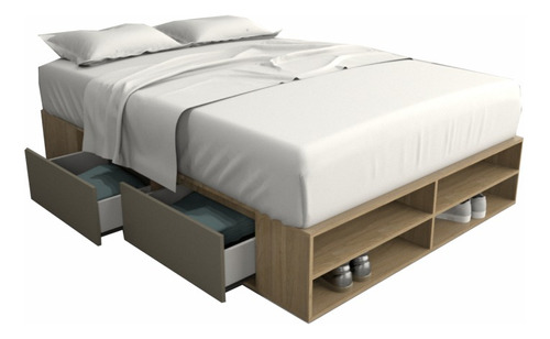 Box De Cama Con Cajonera 140 Cm + Zapatero Base Somier + + Color Olmo Finlandes Con Gris