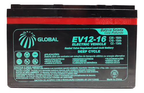 Bateria Globalbat 12v 15ah Moto Eletrica Ciclo Profundo