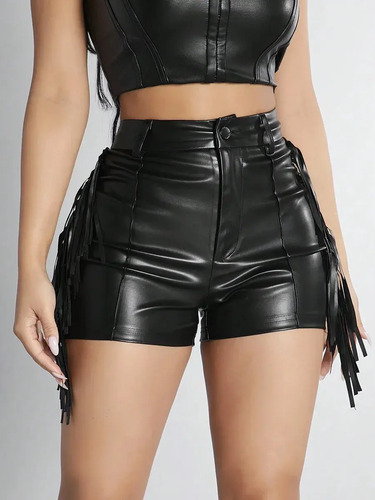 Short Mujer Vinipiel Talle Alto Bolsillo Oblicuo