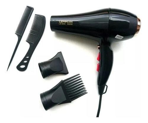 Secador Potente Pelo Cabello Lemman 5000 W + 4 Accesorios Color Negro