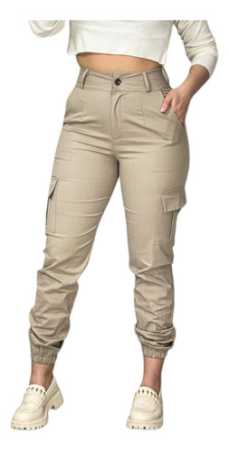 Calça Jogger Cargo Sarja Feminina Com Bolso Modelo Blogueira