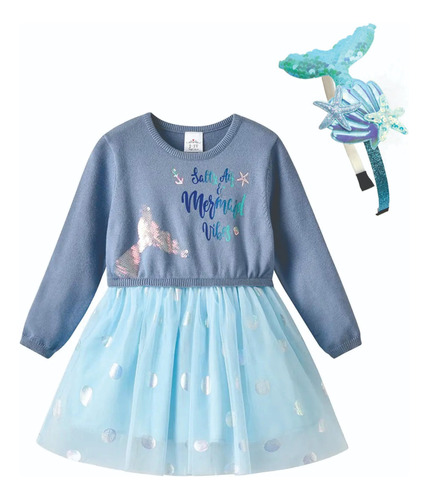 Vestido Infantil Sereia Manga Longa Tricô/tule Luxinho