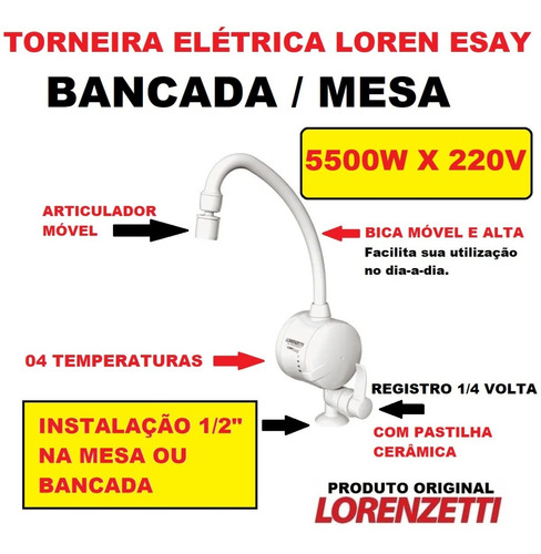 Torneira Eletrica P/ Pia Mesa Bancada Lorenzetti 5500w  220v