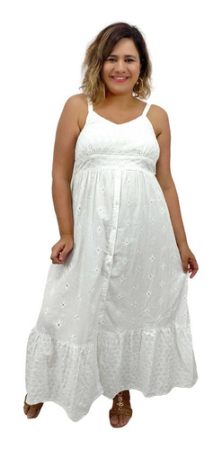 Vestido Longo Indiano Branco Regata Bordado Mhi340