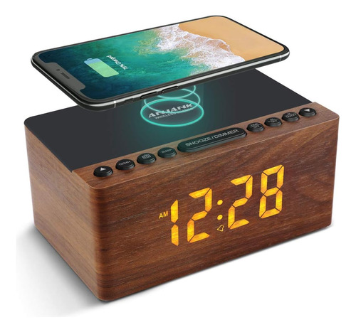 Reloj Despertador Digital De Madera Radio Fm 10w Estaci...