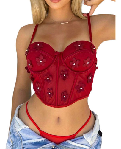 Sexy Crop Top Encaje Bordado Moda Corset Flores