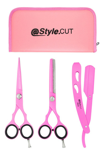 Set @style.cut Rosa Tijera Corte + Pulir+ Navajin + Estuche 