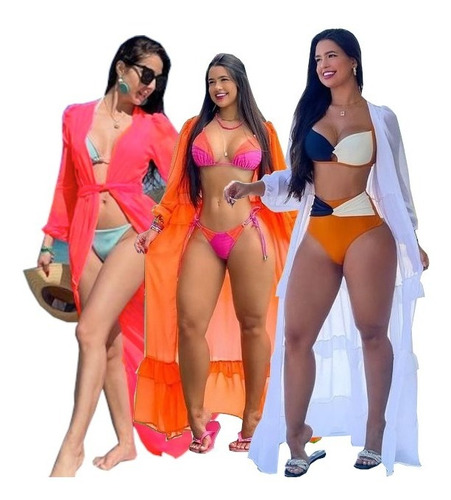 Saida De Praia Vestido Manga Longa Feminina Verao Kit C/ 3 