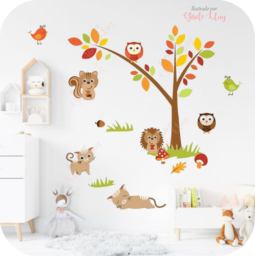 Vinilo Decorativo Infantil Bebe Árbol Y Animales Del Jardín