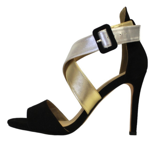 Zapatillas Liz Guerrero Negro Gamuza 10cm Tiras Dorado-plata